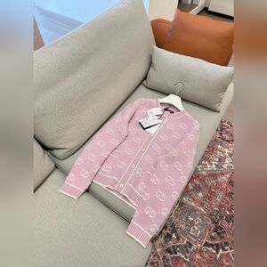 Gucci Pink and White GG Jacquard Long-Sleeve Crew Neck Cardigan